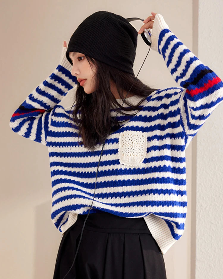 Ribbed Stripe Knit Relaxed Pullover