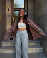 Vintage Plaid Oversized Long-Sleeve Shirt