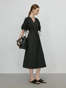 V-Neck Bubble Sleeve Linen Dress