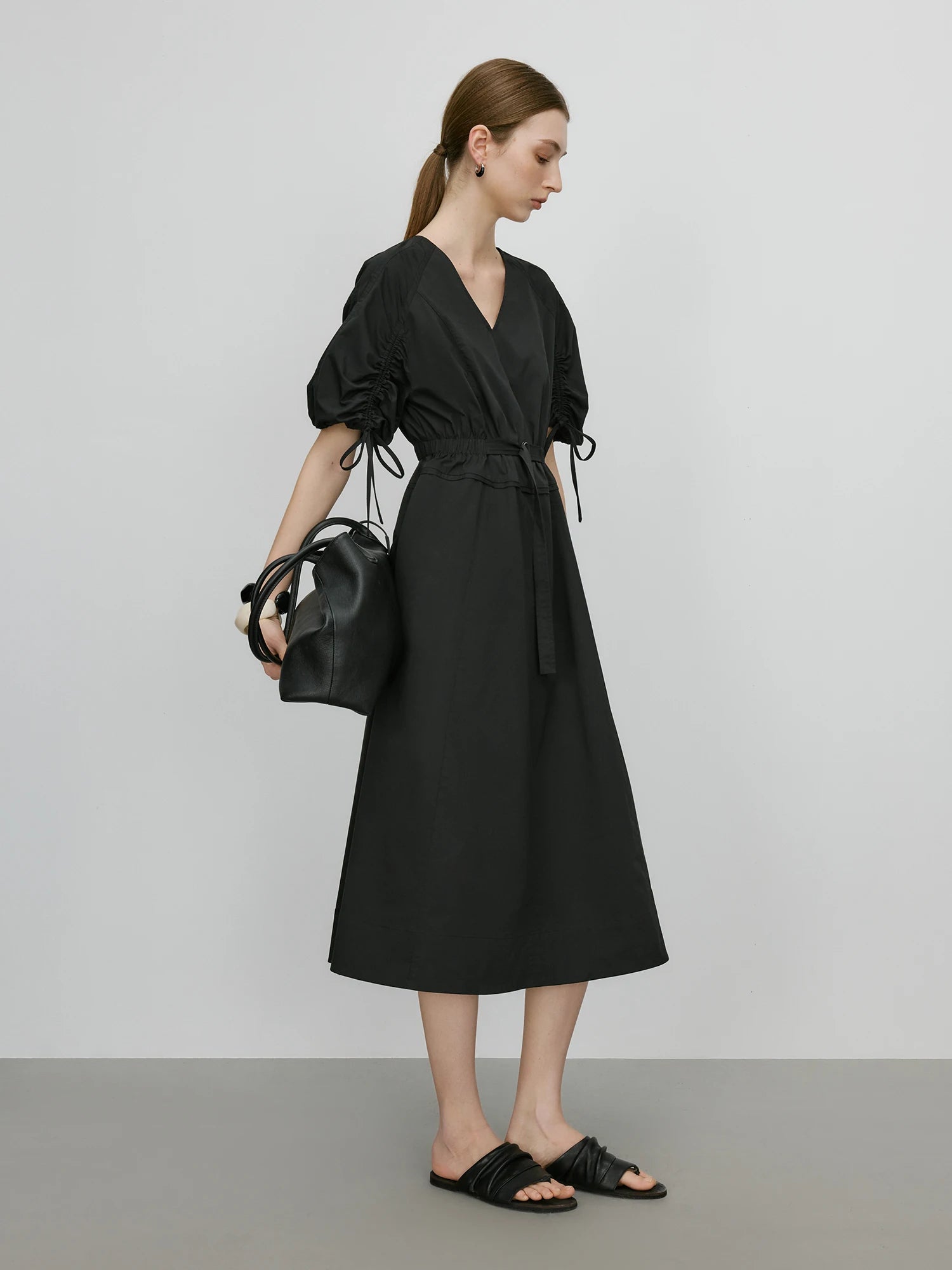 V-Neck Bubble Sleeve Linen Dress