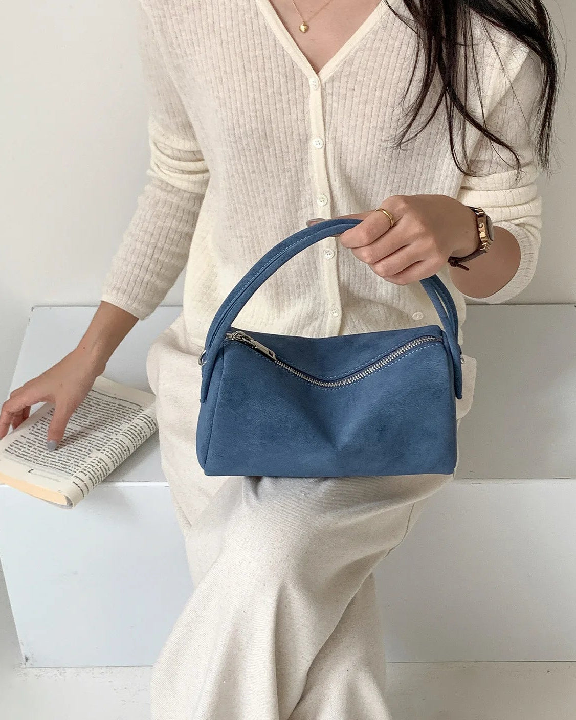 Faux Suede Barrel Shoulder Bag