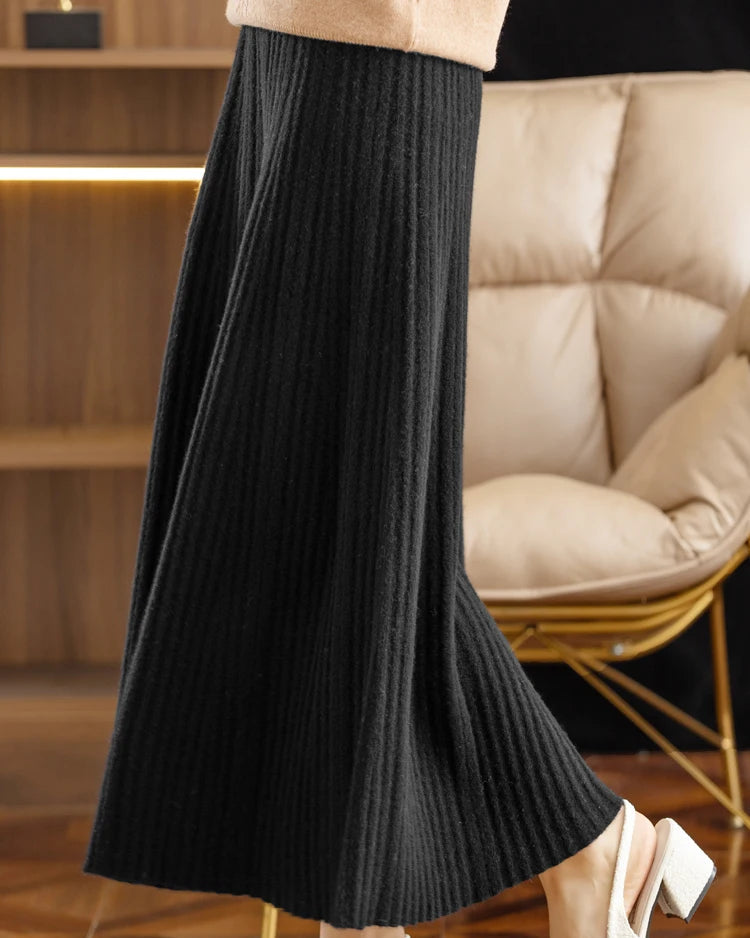 Merino Wool Solid Pleated Ankle-Length Knit Skirt