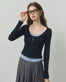 New U-Neck Long-Sleeved Imitation Two-Piece T-Shirt