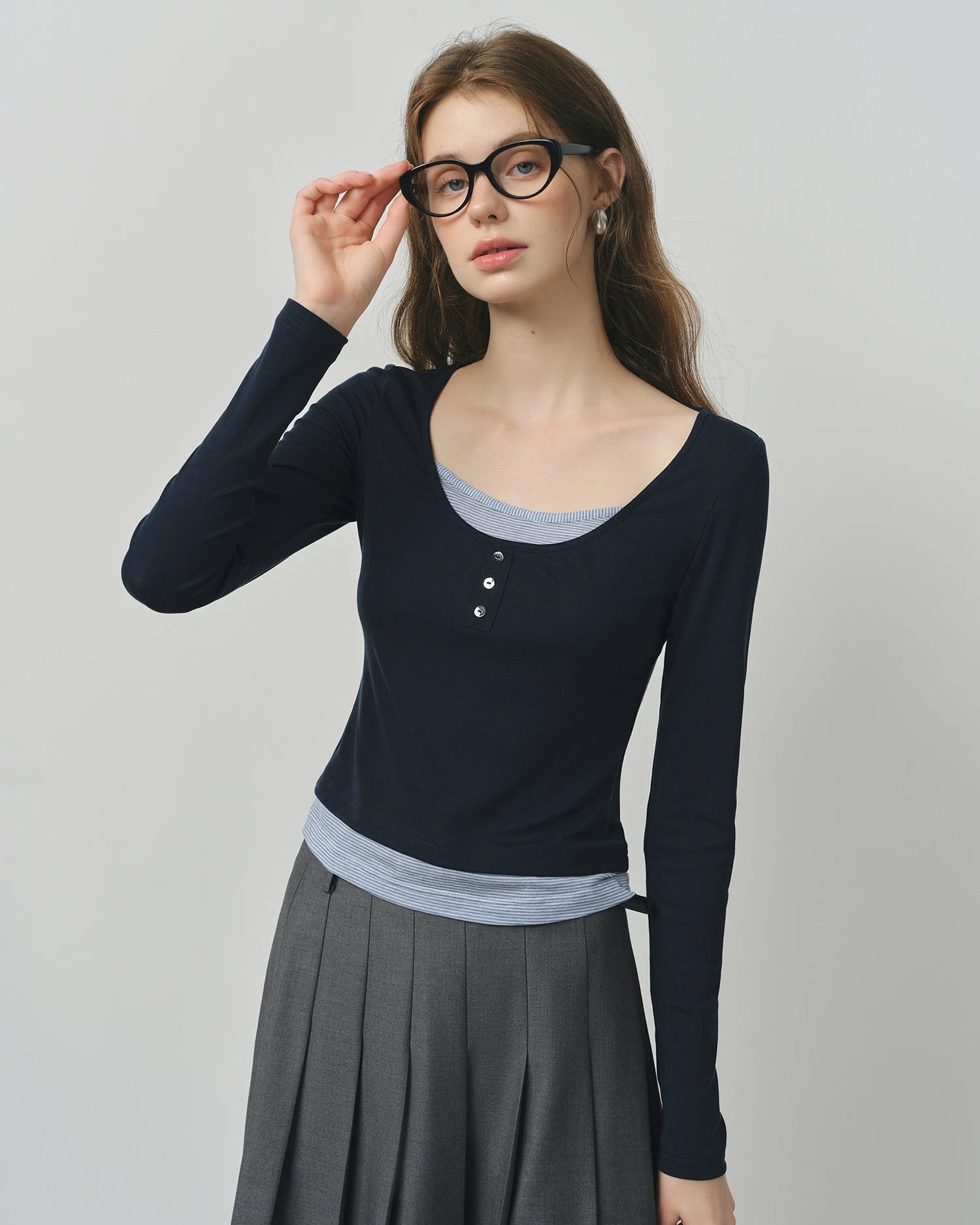 New U-Neck Long-Sleeved Imitation Two-Piece T-Shirt