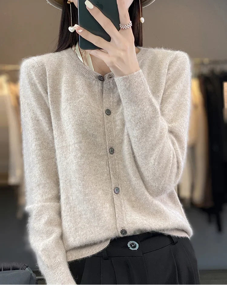Mink Cashmere Crew Neck Loose Cardigan Sweater