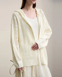 New Hooded Openwork Jacquard Knit Cardigan