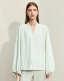 Chiffon Embroidered V-Neck Lantern Sleeve Blouse