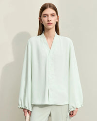 Chiffon Embroidered V-Neck Lantern Sleeve Blouse