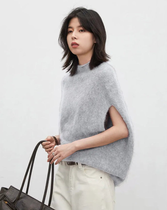 Wool Cashmere Turtleneck Sleeveless Loose Knit Sweater