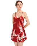 Satin Crane Print V-Neck Slip Nightgown