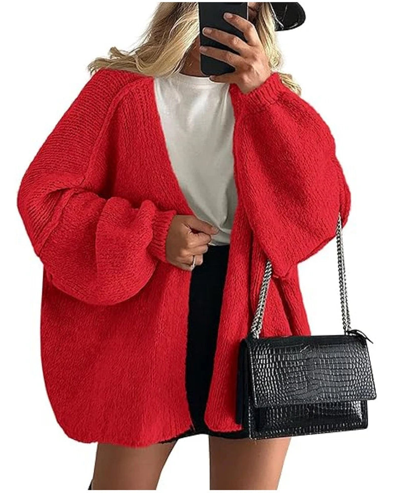 Solid V-Neck Loose Long Knit Cardigan Coat