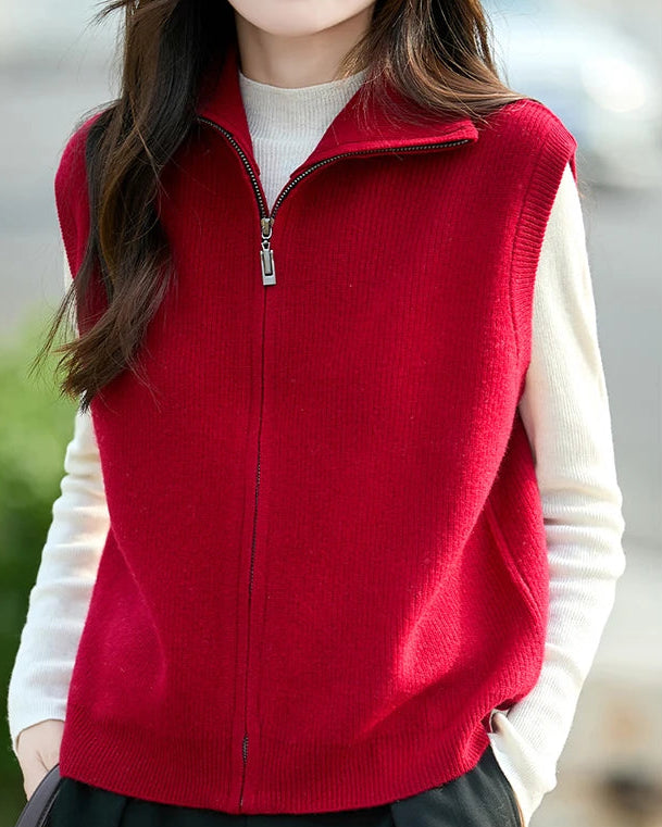 High-Neck Merino Wool Zip Vest