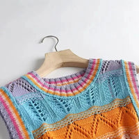 Rainbow Acrylic Knitted O-Neck Hollow Out Vest