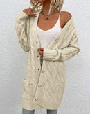 Solid Cable-Knit Open-Front Button Pocket Loose Long Cardigan