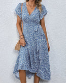 Floral Print V-Neck Lace-Up Flare Sleeve Midi Dress