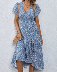 Floral Print V-Neck Lace-Up Flare Sleeve Midi Dress