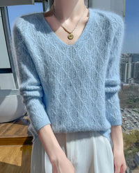 Openwork Mink Cashmere V-Neck Sweater