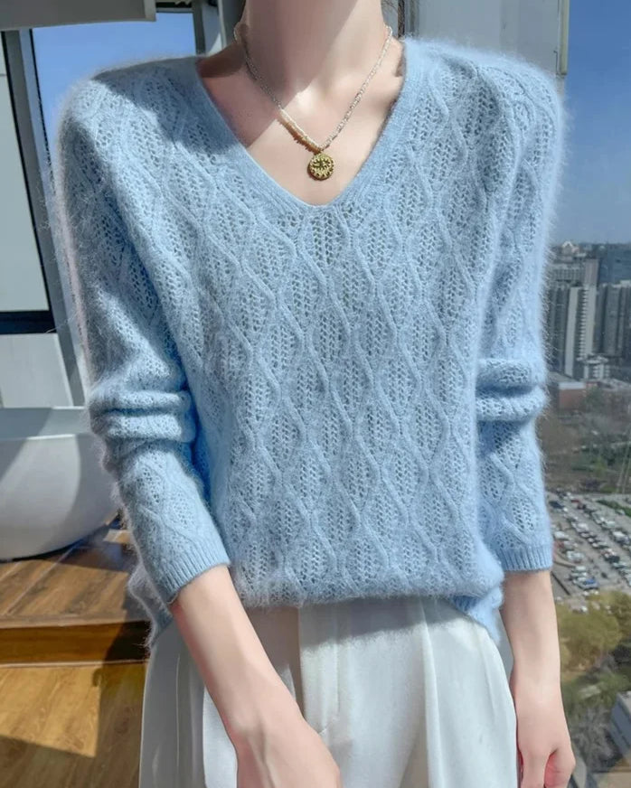Openwork Mink Cashmere V-Neck Sweater