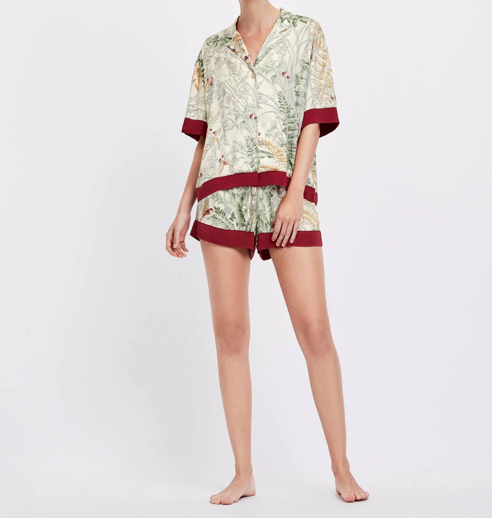 Printed Short Sleeve Shirt & Shorts Satin Pajamas Set