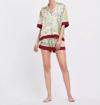Printed Short Sleeve Shirt & Shorts Satin Pajamas Set