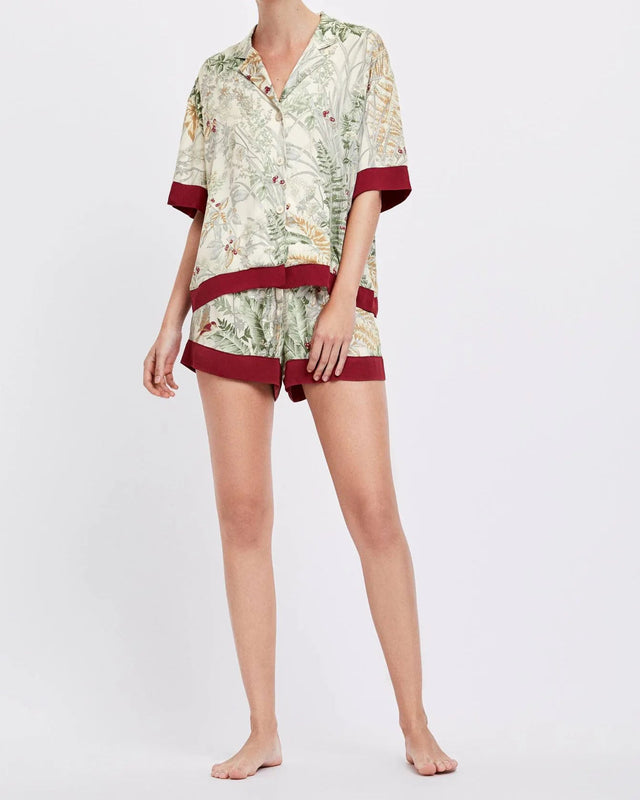 Printed Short Sleeve Shirt & Shorts Satin Pajamas Set