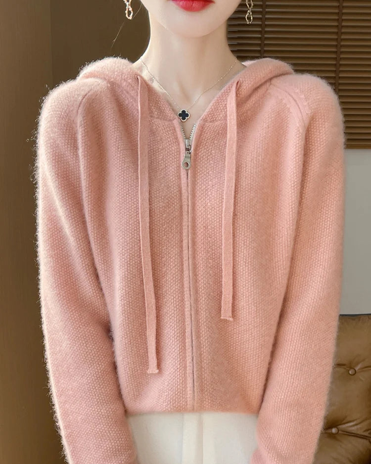 Wool Solid Hooded Zip-Up Open Cardigan Sweater