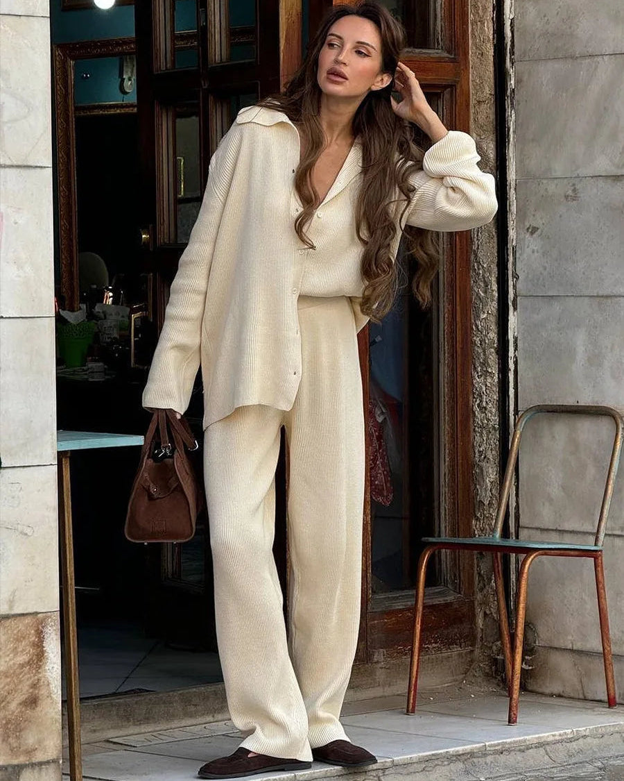 Loose Knit Cardigan & Elastic Waist Trousers Set