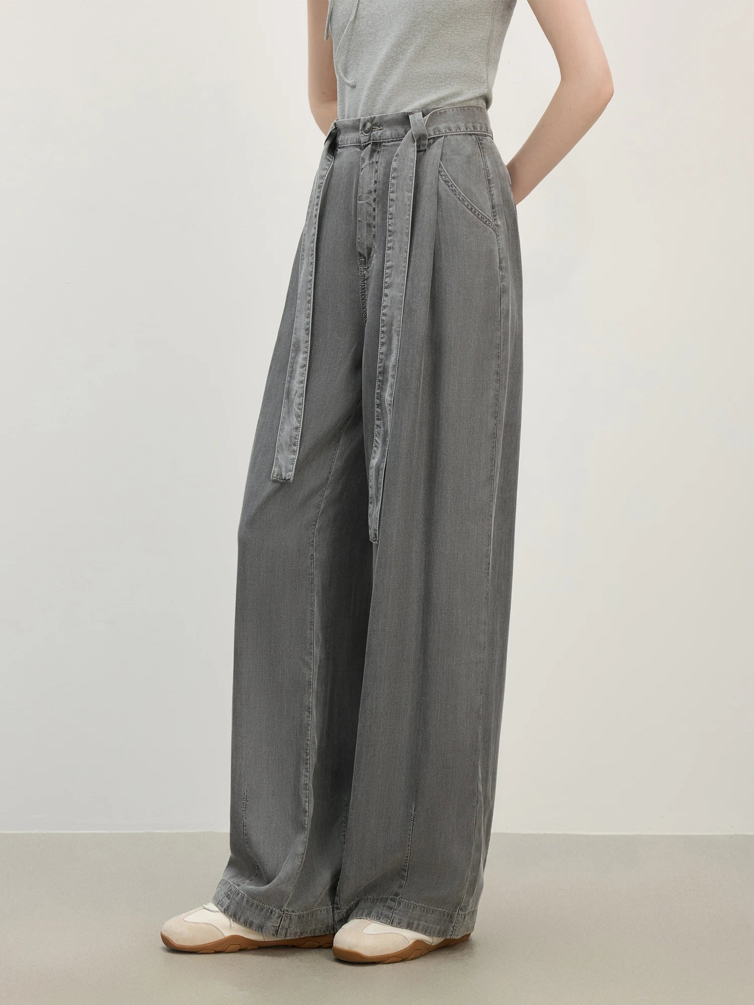 Draped Relaxed Wide-Leg Denim Pants