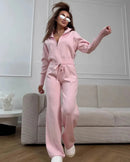 Zip-Up Cropped Knit Cardigan & Drawstring Wide-Leg Trousers Set