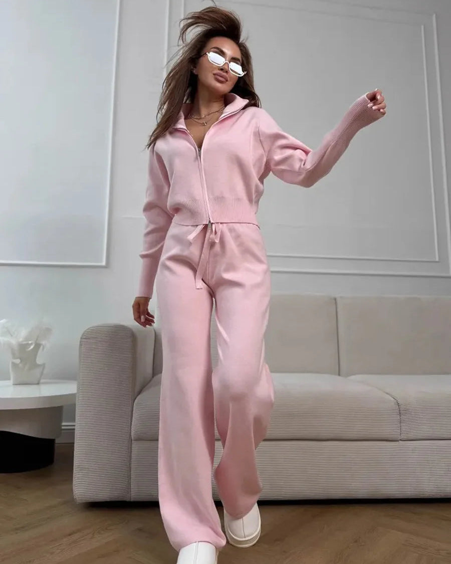 Zip-Up Cropped Knit Cardigan & Drawstring Wide-Leg Trousers Set