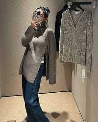 Oversized Irregular Zipper High Neck Cashmere Sweater