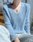 Openwork Mink Cashmere V-Neck Sweater