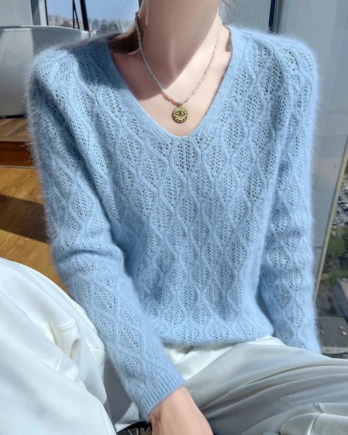 Openwork Mink Cashmere V-Neck Sweater