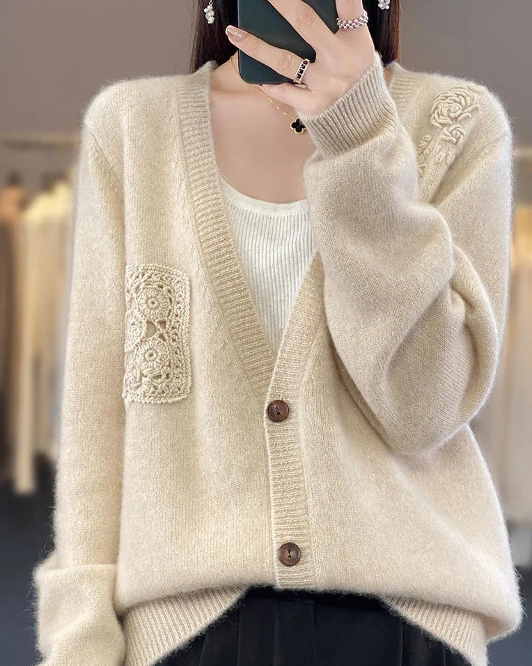 Crochet Merino Wool V-neck Cardigan
