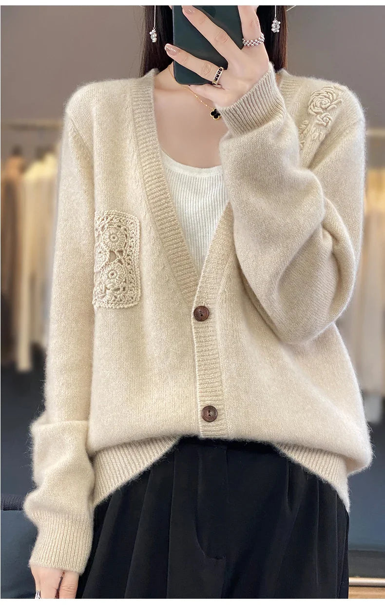 Crochet Merino Wool V-neck Cardigan