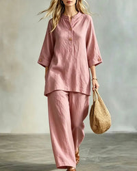 O-Neck 3/4 Sleeve Button Top & Ankle Trouser 2-Piece Set