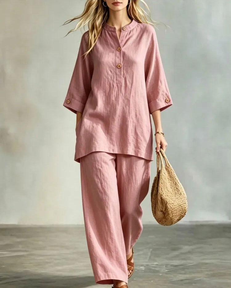 O-Neck 3/4 Sleeve Button Top & Ankle Trouser 2-Piece Set