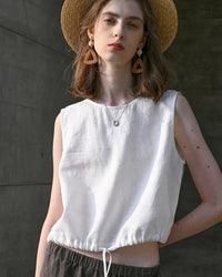 Casual Linen Crew Neck Loose Sleeveless Shirt