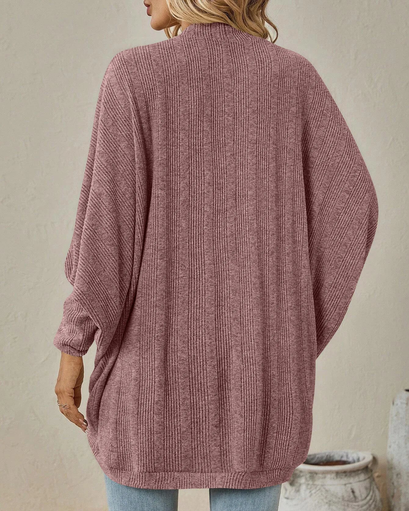 Solid Bat Sleeve Open-Front Loose Mid-Length Knit Cardigan