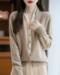 100% merino wool solid V-neck fake two-piece pullover sweater. Soft, medium stretch, and regular fit — a casual warm autumn winter knitwear top for women.