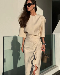 Pleated Short Sleeve Side Zipper Midi Dress