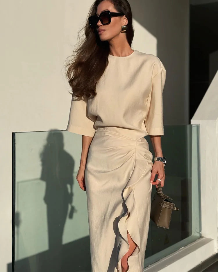 Pleated Short Sleeve Side Zipper Midi Dress