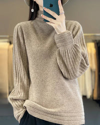100% merino wool striped half-high collar lantern sleeve knit pullover. Thick, warm, and medium stretch — a casual autumn winter knitwear top for women.