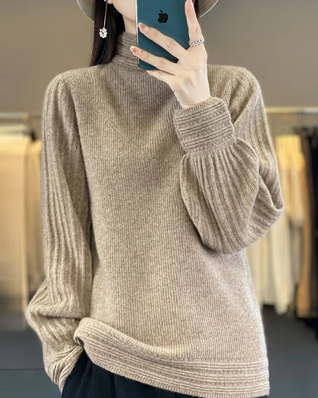 100% merino wool striped half-high collar lantern sleeve knit pullover. Thick, warm, and medium stretch — a casual autumn winter knitwear top for women.
