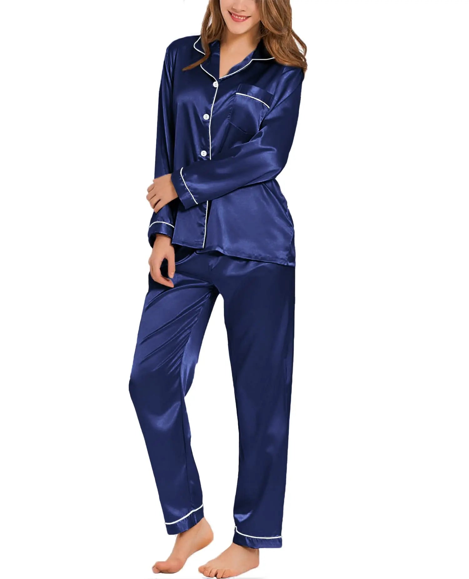 Satin Button-Down Long-Sleeve Pajama Set