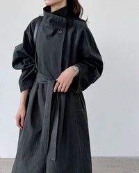 Minimalist Stand-Collar Belted Trench Coat