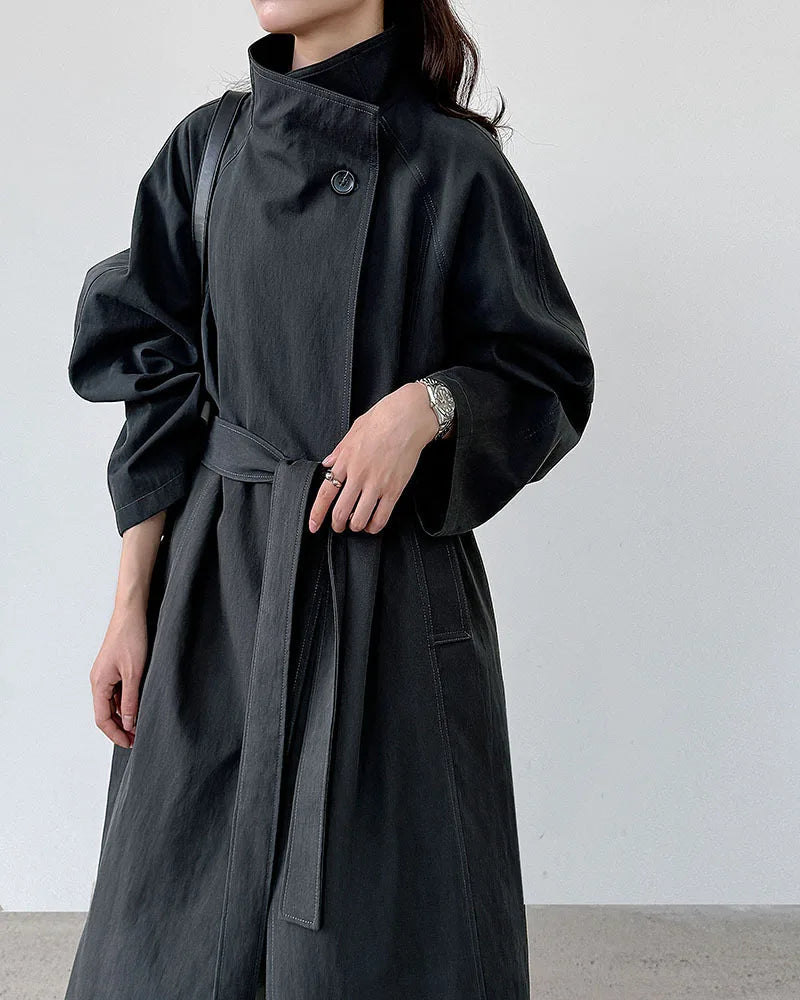 Minimalist Stand-Collar Belted Trench Coat