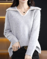 Contrast-Collar Mink Cashmere Sweater