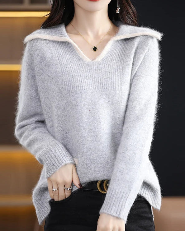 Contrast-Collar Mink Cashmere Sweater