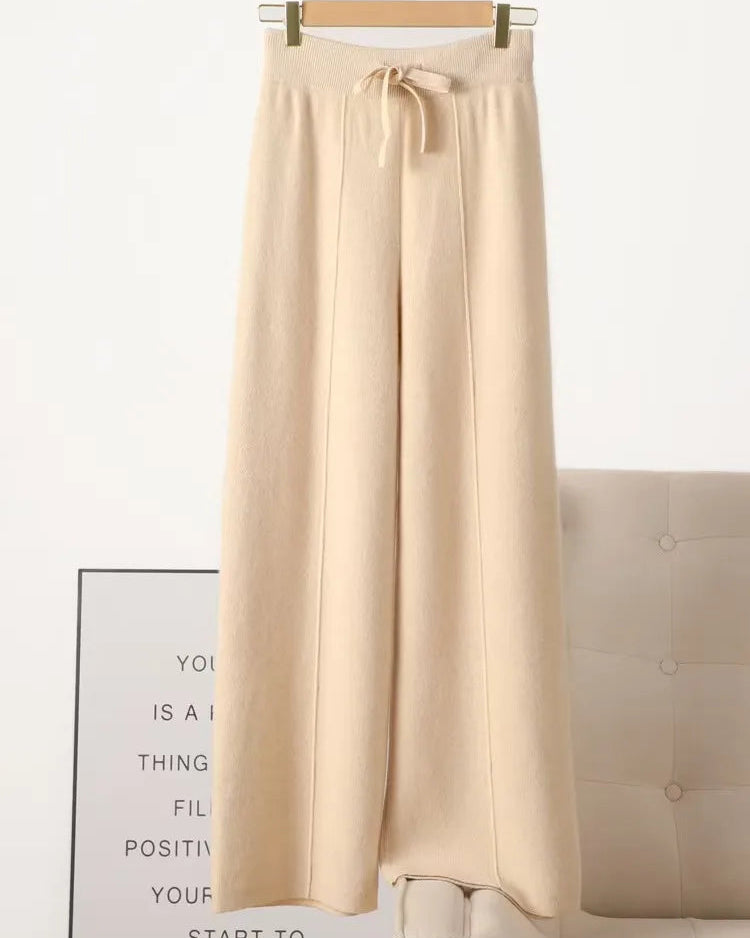 Merino Wool Solid Elastic Waist Wide Leg Knit Trousers